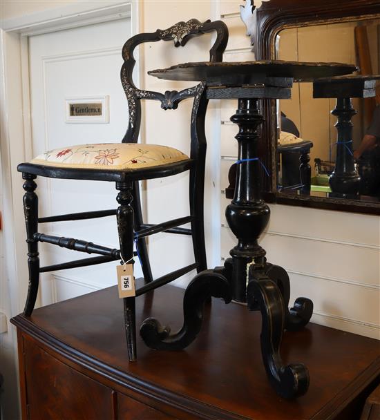 A Victorian black lacquered and mother of pearl chair and a similar table (2) Table 48cm